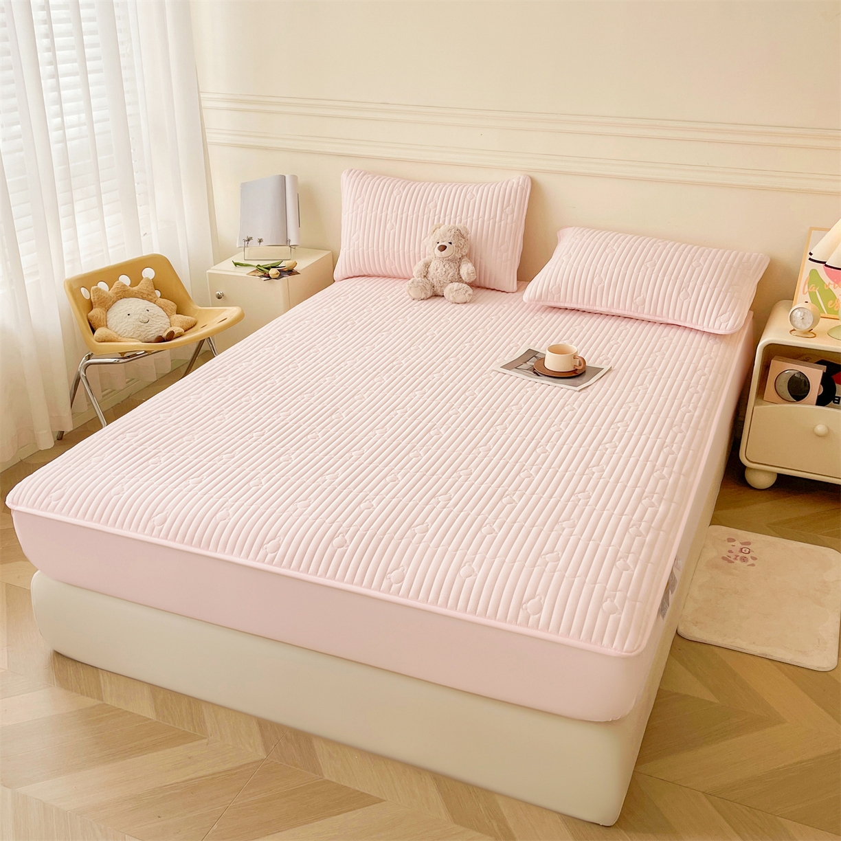 91家纺网 家纺一手货源 找家纺 雯豆家纺 2025新款洛川A类夹棉床笠三件套水洗棉磨毛纯色床护垫床单保护套 洛川-密合粉