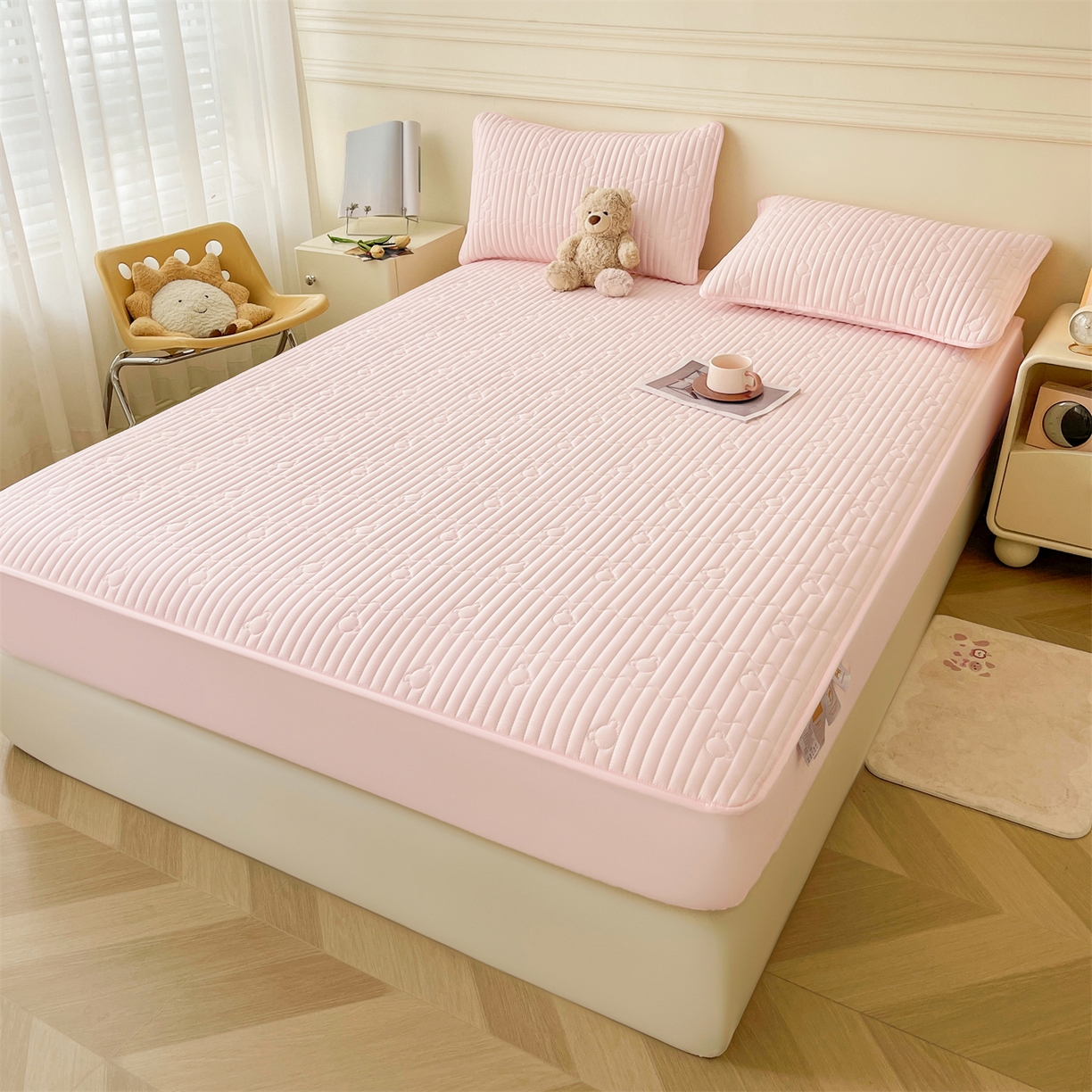 91家纺网 家纺一手货源 找家纺 雯豆家纺 2025新款洛川A类夹棉床笠三件套水洗棉磨毛纯色床护垫床单保护套 洛川-密合粉