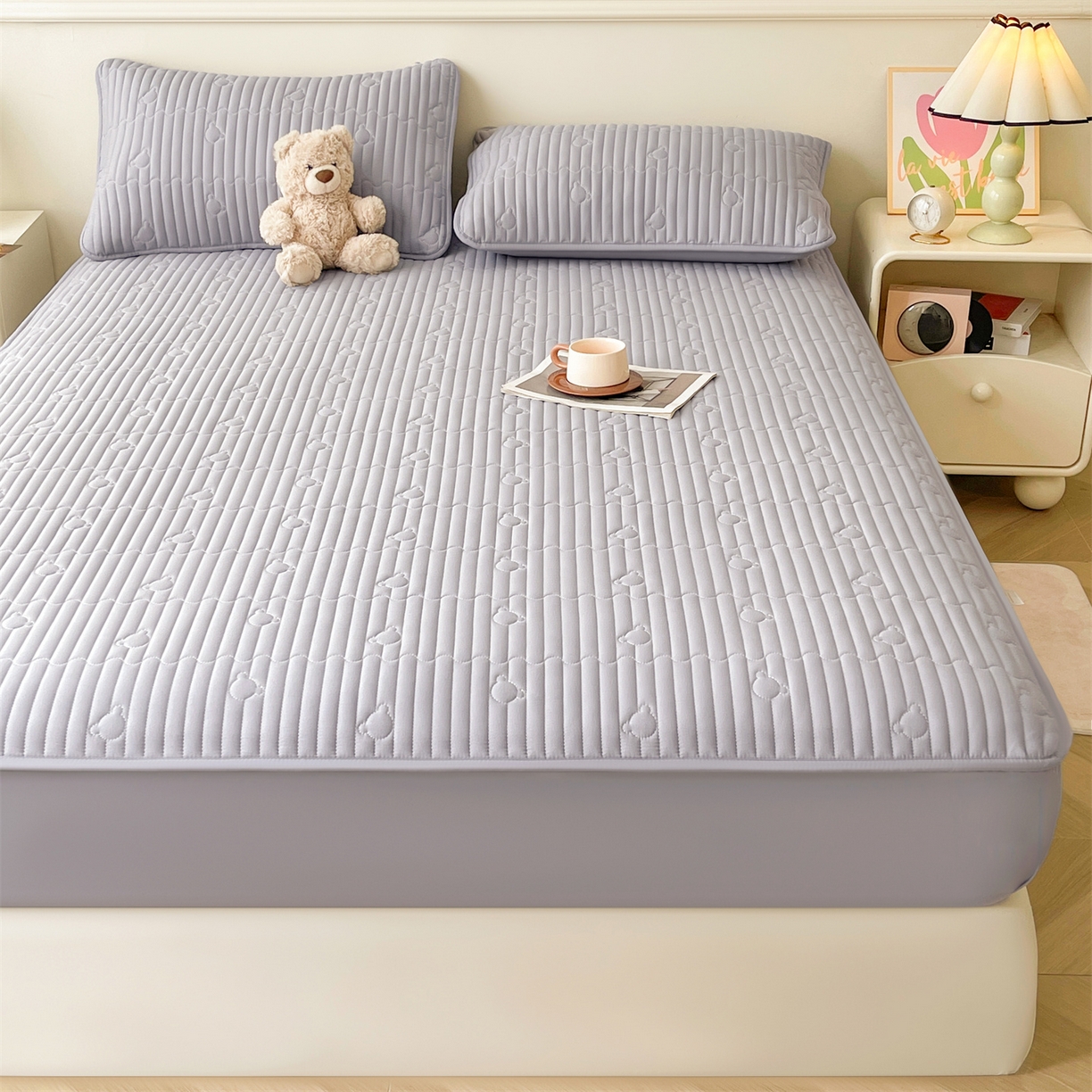 91家纺网 家纺一手货源 找家纺 雯豆家纺 2025新款洛川A类夹棉床笠三件套水洗棉磨毛纯色床护垫床单保护套 洛川-暮云灰