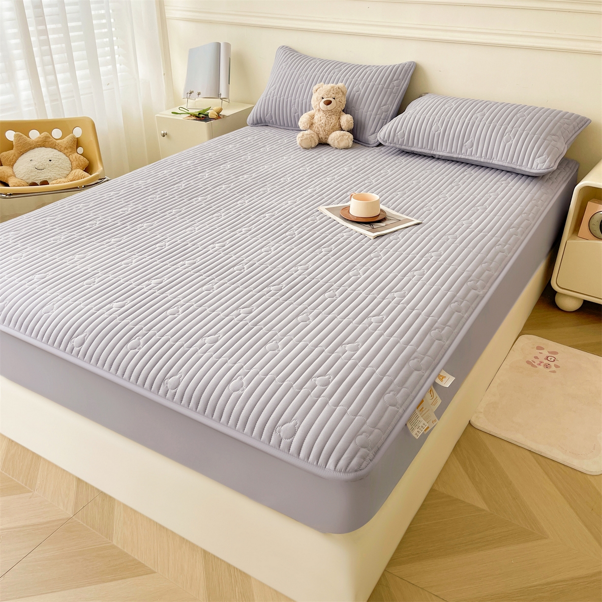 91家纺网 家纺一手货源 找家纺 雯豆家纺 2025新款洛川A类夹棉床笠三件套水洗棉磨毛纯色床护垫床单保护套 洛川-暮云灰