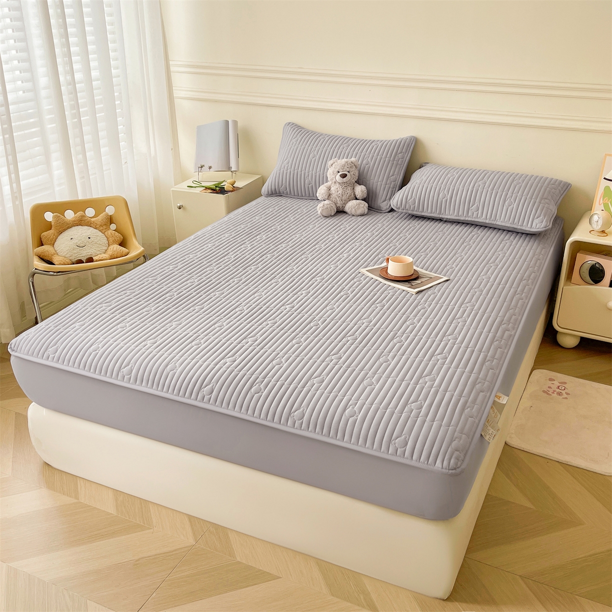 91家纺网 家纺一手货源 找家纺 雯豆家纺 2025新款洛川A类夹棉床笠三件套水洗棉磨毛纯色床护垫床单保护套 洛川-暮云灰