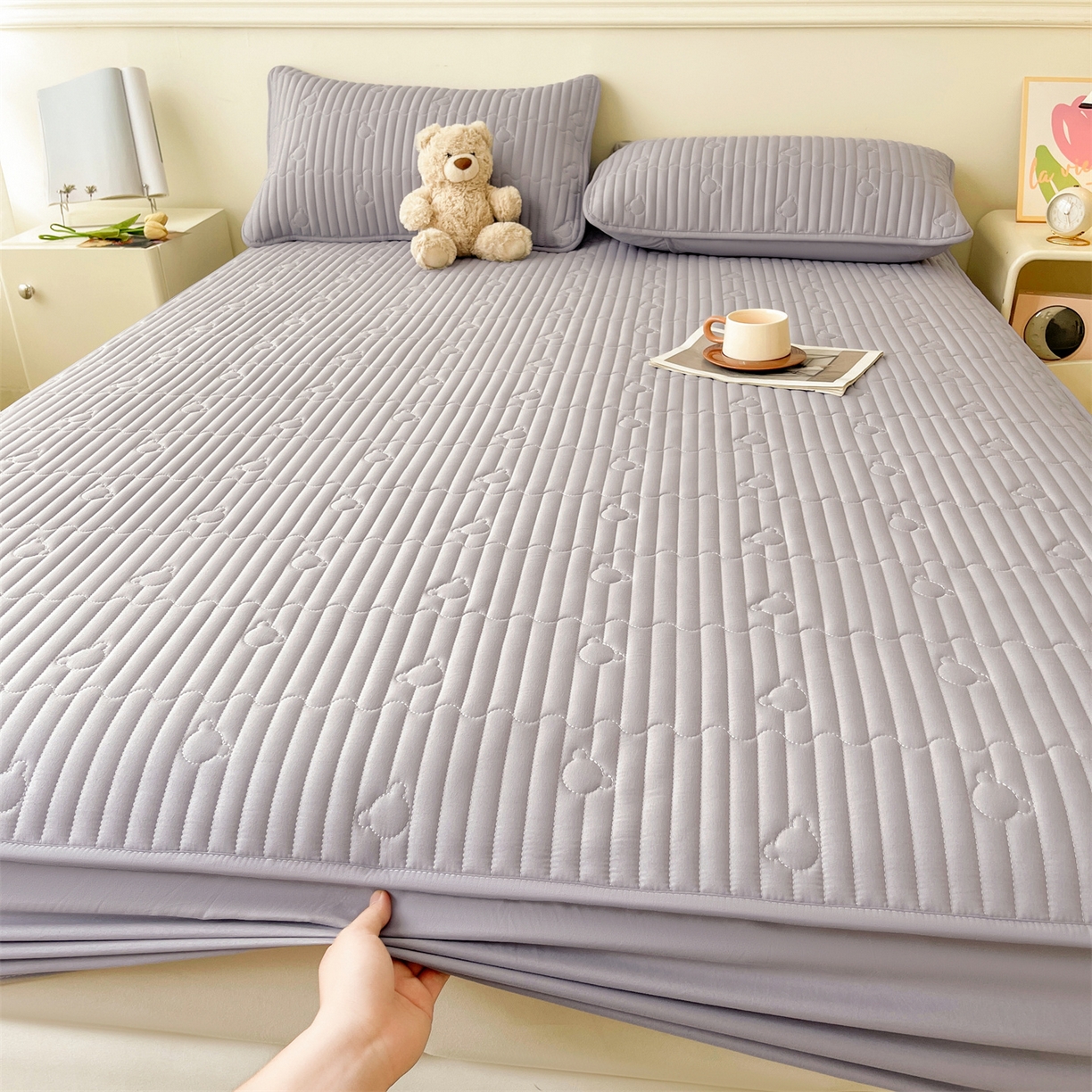 91家纺网 家纺一手货源 找家纺 雯豆家纺 2025新款洛川A类夹棉床笠三件套水洗棉磨毛纯色床护垫床单保护套 洛川-暮云灰