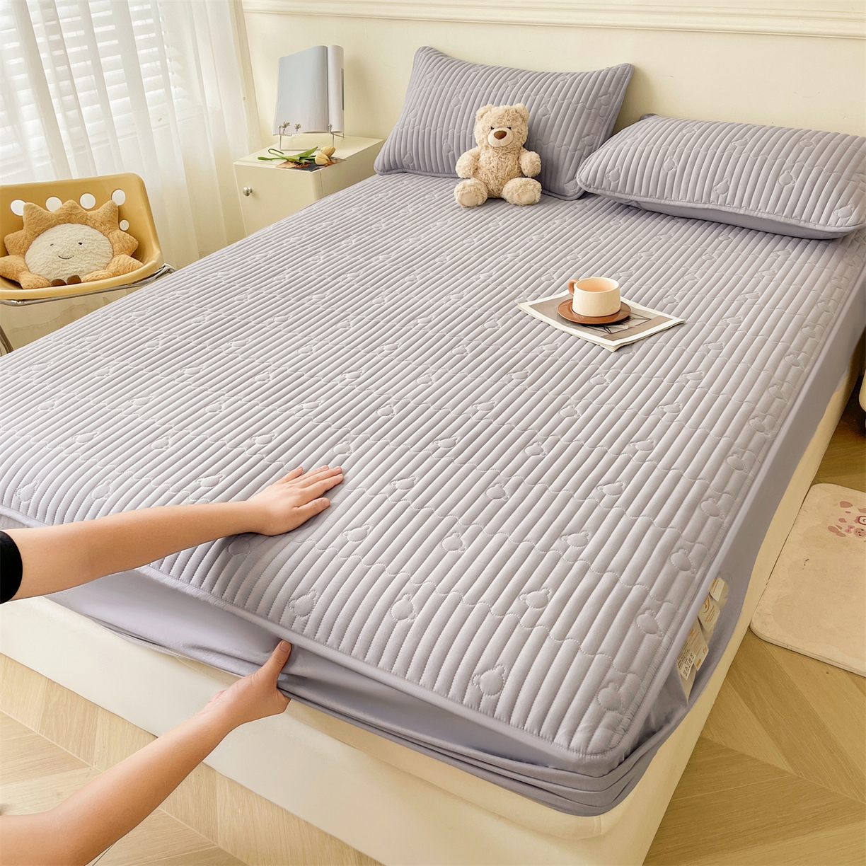 91家纺网 家纺一手货源 找家纺 雯豆家纺 2025新款洛川A类夹棉床笠三件套水洗棉磨毛纯色床护垫床单保护套 洛川-暮云灰