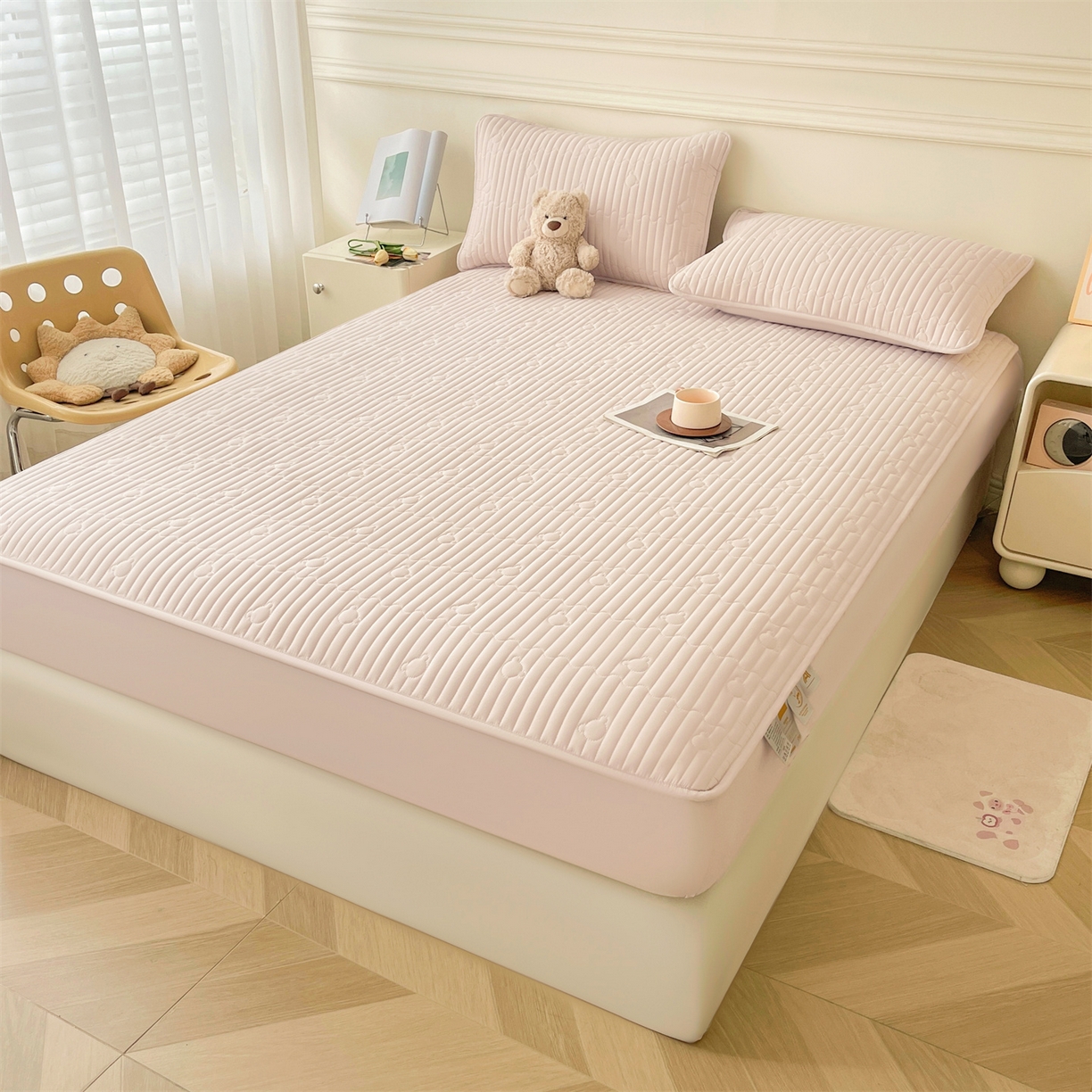 91家纺网 家纺一手货源 找家纺 雯豆家纺 2025新款洛川A类夹棉床笠三件套水洗棉磨毛纯色床护垫床单保护套 洛川-奶咖