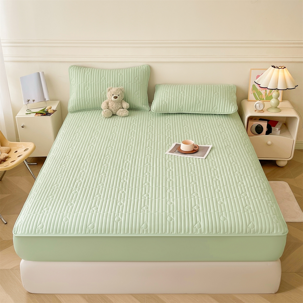 91家纺网 家纺一手货源 找家纺 雯豆家纺 2025新款洛川A类夹棉床笠三件套水洗棉磨毛纯色床护垫床单保护套 洛川-清雅绿