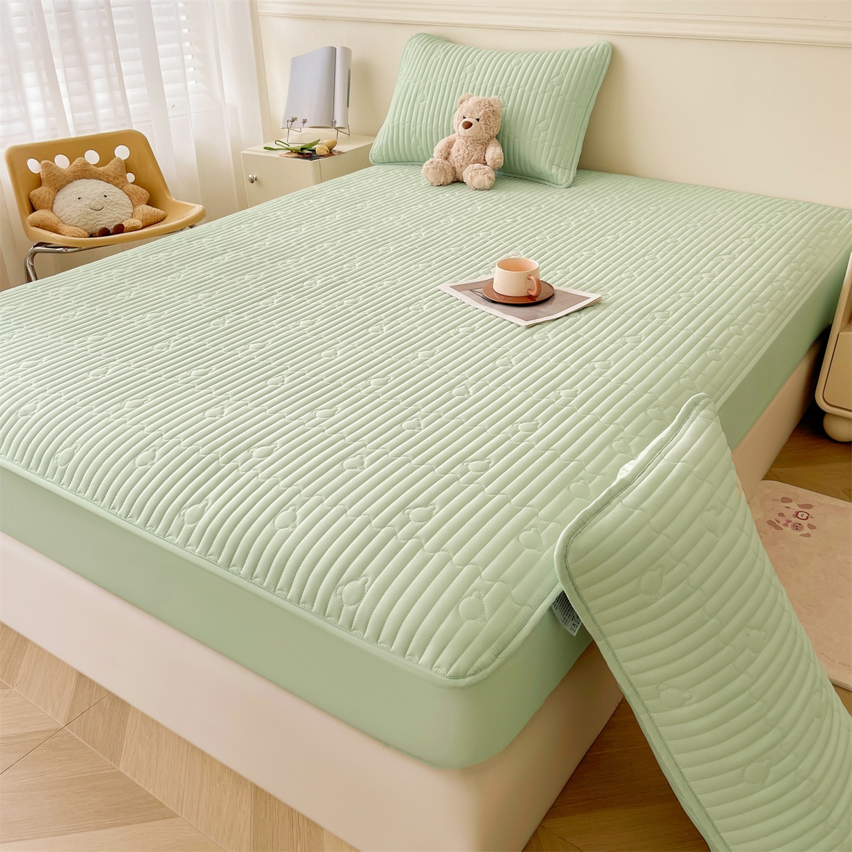 91家纺网 家纺一手货源 找家纺 雯豆家纺 2025新款洛川A类夹棉床笠三件套水洗棉磨毛纯色床护垫床单保护套 洛川-清雅绿