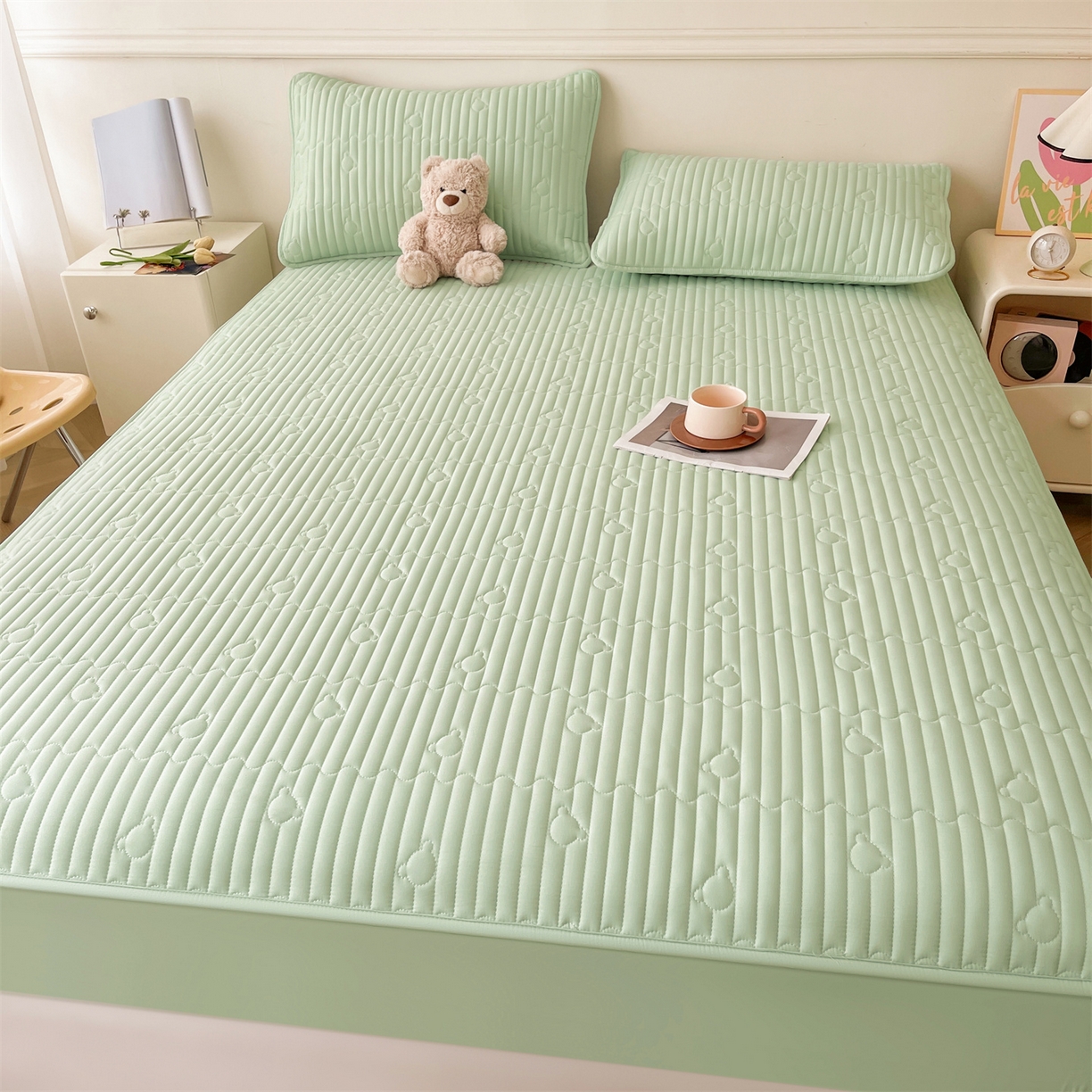 91家纺网 家纺一手货源 找家纺 雯豆家纺 2025新款洛川A类夹棉床笠三件套水洗棉磨毛纯色床护垫床单保护套 洛川-清雅绿