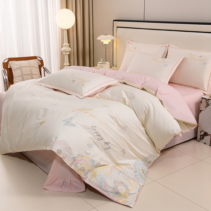 登登家纺 2025新款A类长绒棉刺绣四件套-华尔兹 华尔兹-粉白