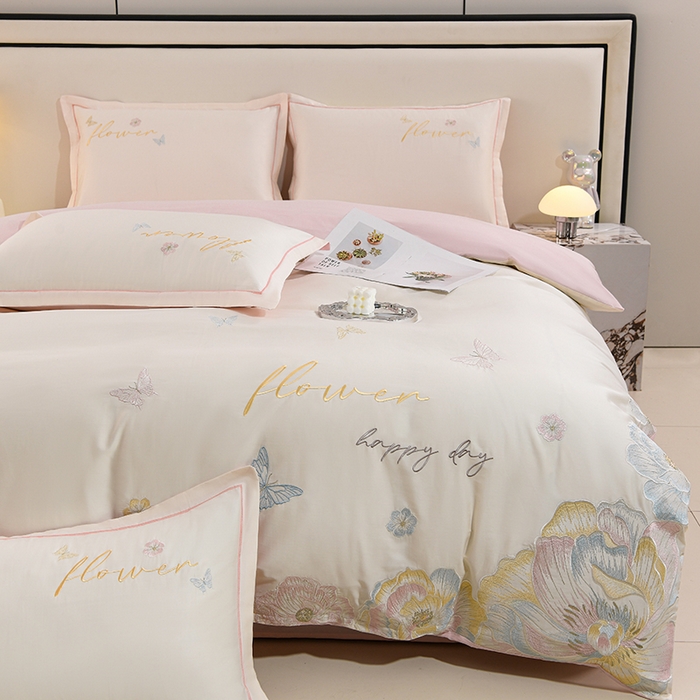 91家纺网 家纺一手货源 找家纺 登登家纺 2025新款A类长绒棉刺绣四件套-华尔兹 华尔兹-粉白