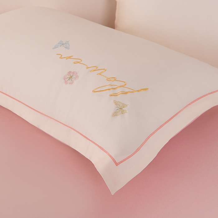 91家纺网 家纺一手货源 找家纺 登登家纺 2025新款A类长绒棉刺绣四件套-华尔兹 华尔兹-粉白