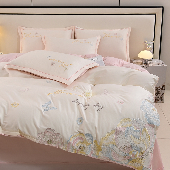 91家纺网 家纺一手货源 找家纺 登登家纺 2025新款A类长绒棉刺绣四件套-华尔兹 华尔兹-粉白