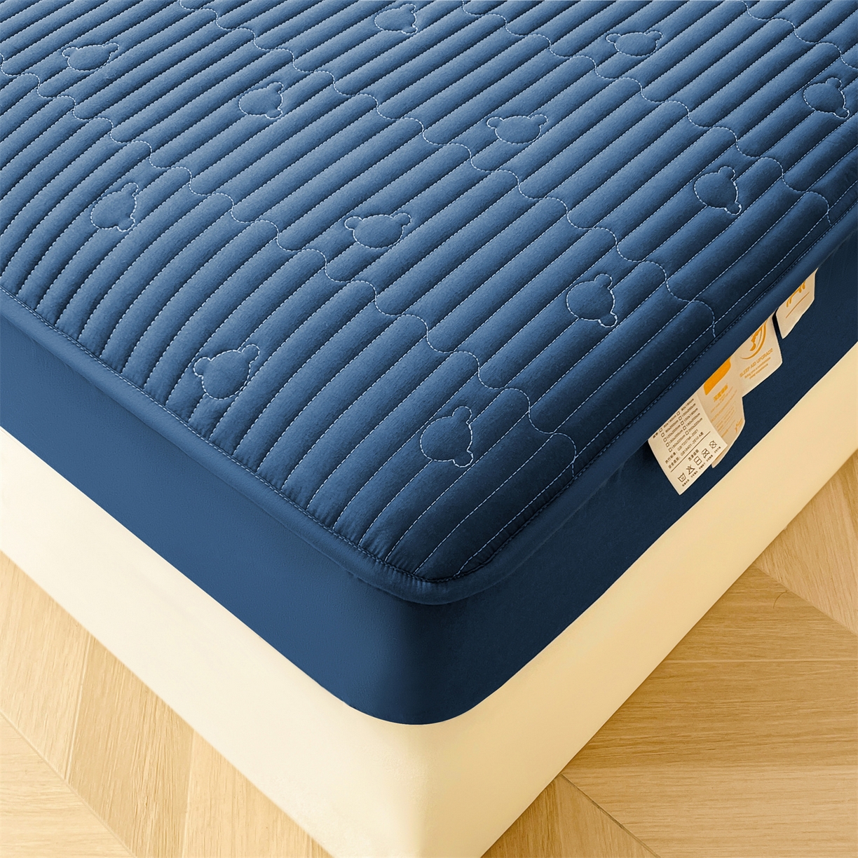 91家纺网 家纺一手货源 找家纺 雯豆家纺 2025新款洛川A类防水夹棉床笠三件套水洗棉磨毛床单保护套 洛川-黛蓝