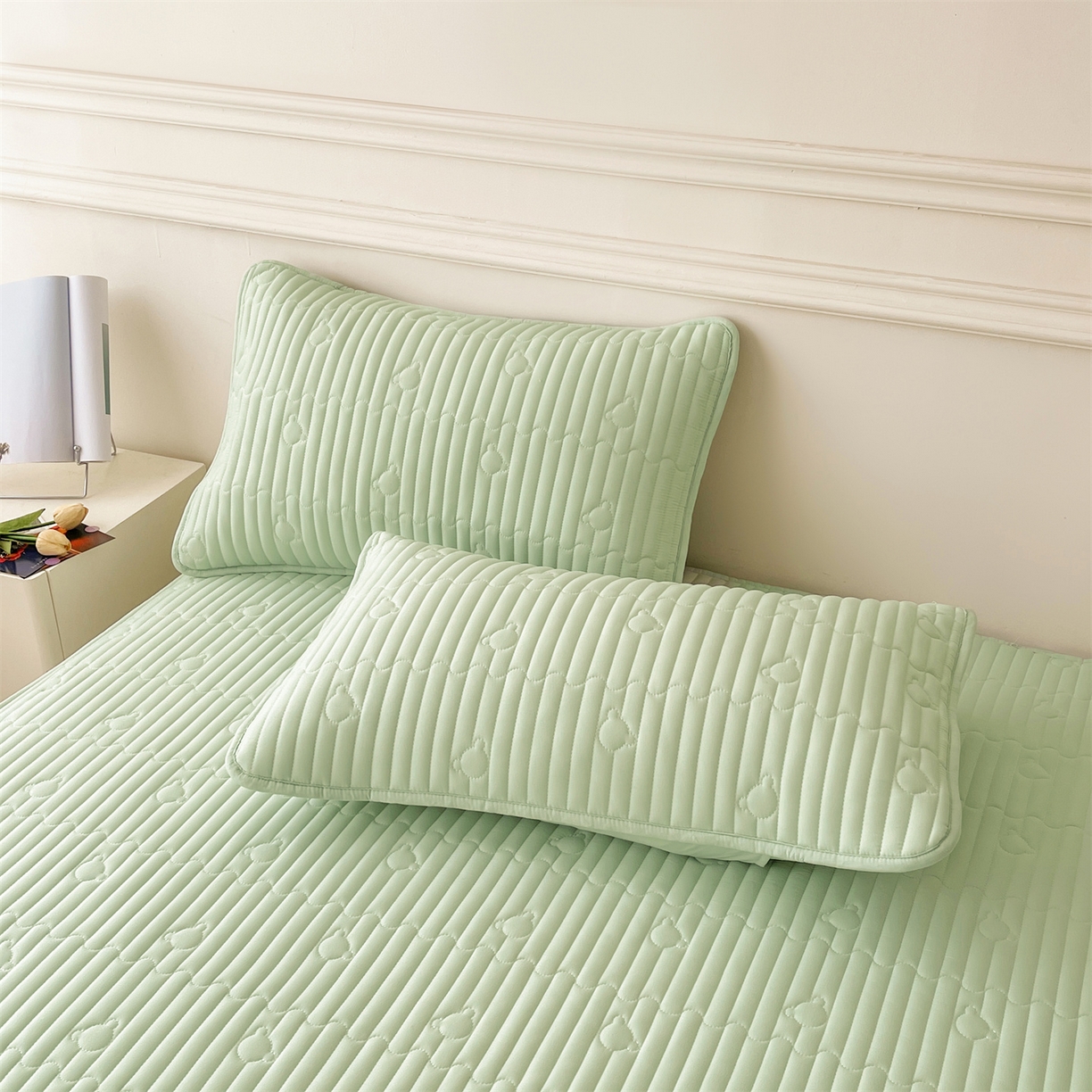 91家纺网 家纺一手货源 找家纺 雯豆家纺 2025新款洛川A类夹棉床笠三件套水洗棉磨毛纯色床护垫床单保护套 洛川-清雅绿