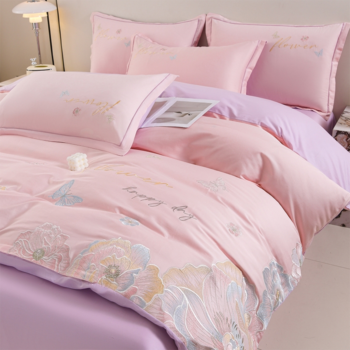 91家纺网 家纺一手货源 找家纺 登登家纺 2025新款A类长绒棉刺绣四件套-华尔兹 华尔兹-粉紫