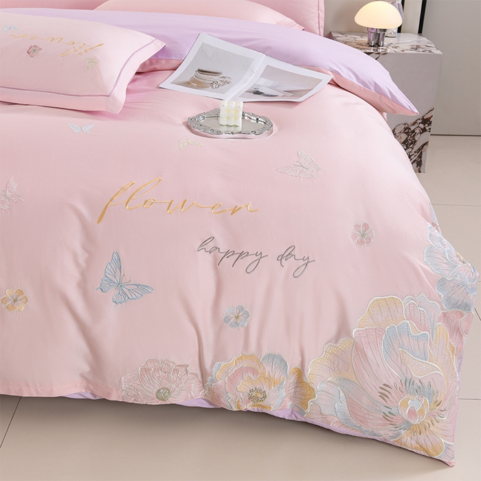 91家纺网 家纺一手货源 找家纺 登登家纺 2025新款A类长绒棉刺绣四件套-华尔兹 华尔兹-粉紫