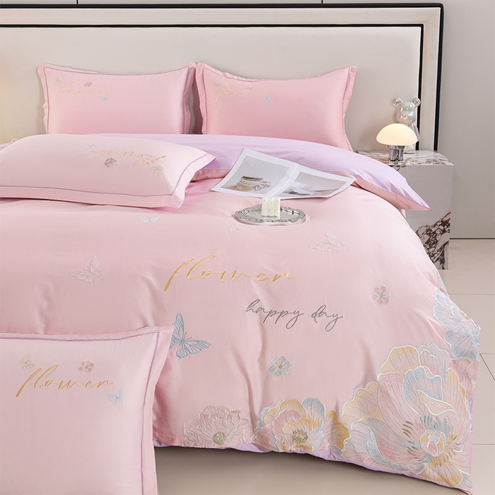 91家纺网 家纺一手货源 找家纺 登登家纺 2025新款A类长绒棉刺绣四件套-华尔兹 华尔兹-粉紫