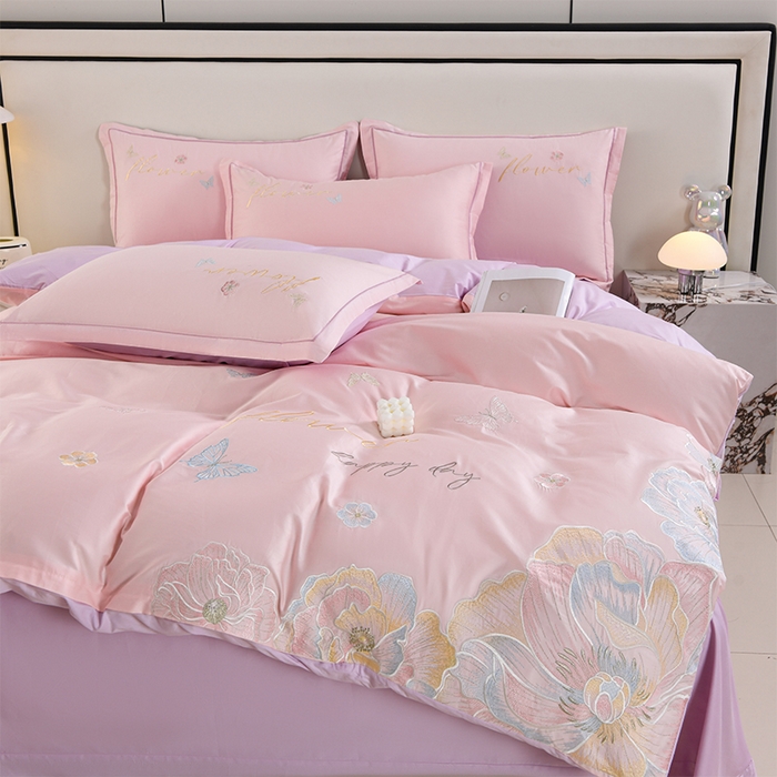 91家纺网 家纺一手货源 找家纺 登登家纺 2025新款A类长绒棉刺绣四件套-华尔兹 华尔兹-粉紫