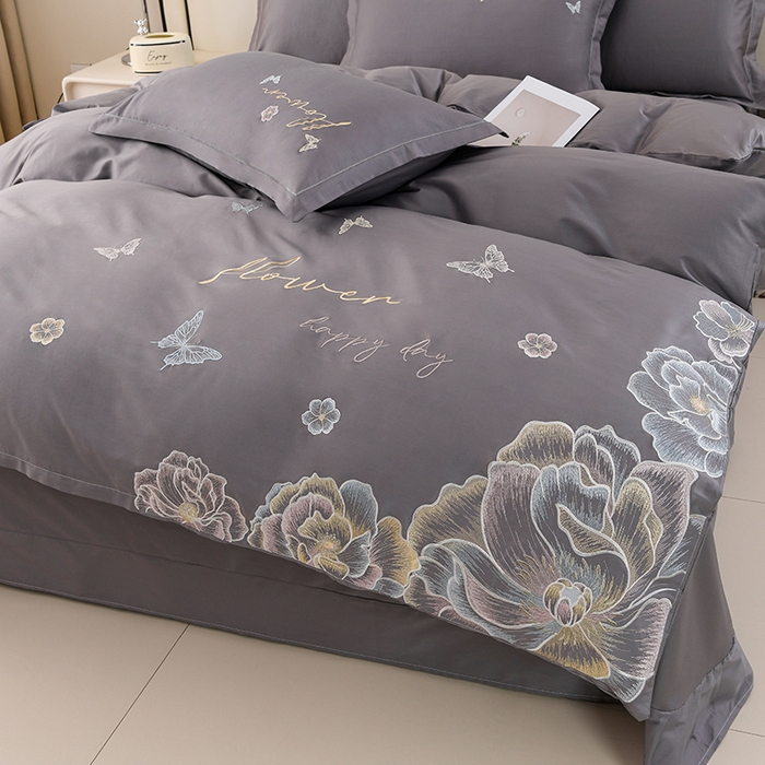 91家纺网 家纺一手货源 找家纺 登登家纺 2025新款A类长绒棉刺绣四件套-华尔兹 华尔兹-灰