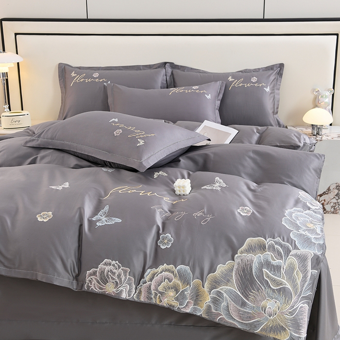 91家纺网 家纺一手货源 找家纺 登登家纺 2025新款A类长绒棉刺绣四件套-华尔兹 华尔兹-灰