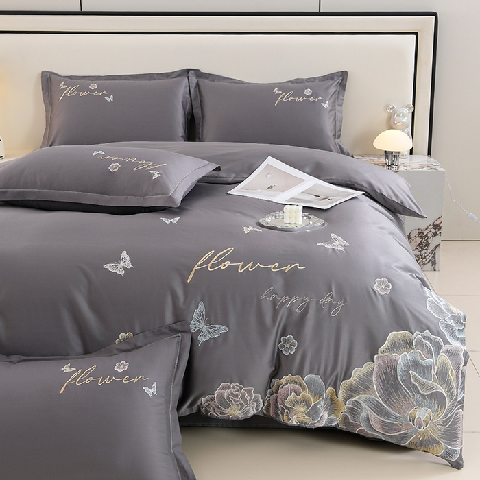 91家纺网 家纺一手货源 找家纺 登登家纺 2025新款A类长绒棉刺绣四件套-华尔兹 华尔兹-灰