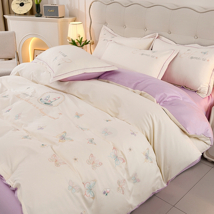 91家纺网 家纺一手货源 找家纺 登登家纺 2025新款A类长绒棉刺绣四件套-风铃 风铃-白紫