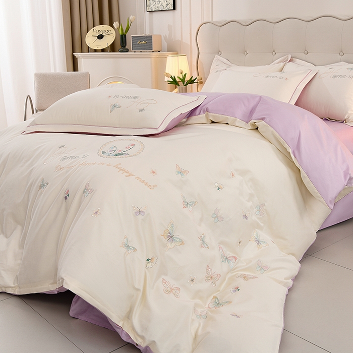 91家纺网 家纺一手货源 找家纺 登登家纺 2025新款A类长绒棉刺绣四件套-风铃 风铃-白紫