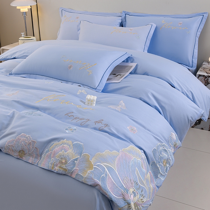 91家纺网 家纺一手货源 找家纺 登登家纺 2025新款A类长绒棉刺绣四件套-华尔兹 华尔兹-蓝