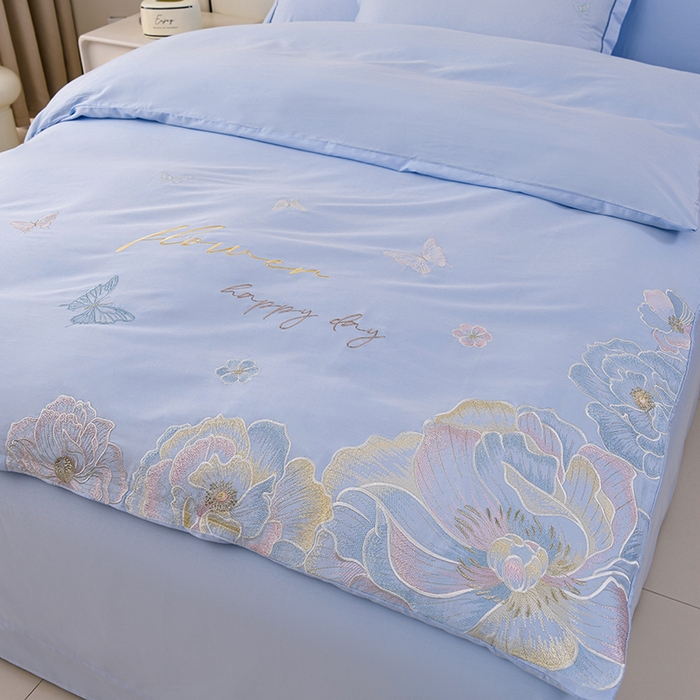 91家纺网 家纺一手货源 找家纺 登登家纺 2025新款A类长绒棉刺绣四件套-华尔兹 华尔兹-蓝