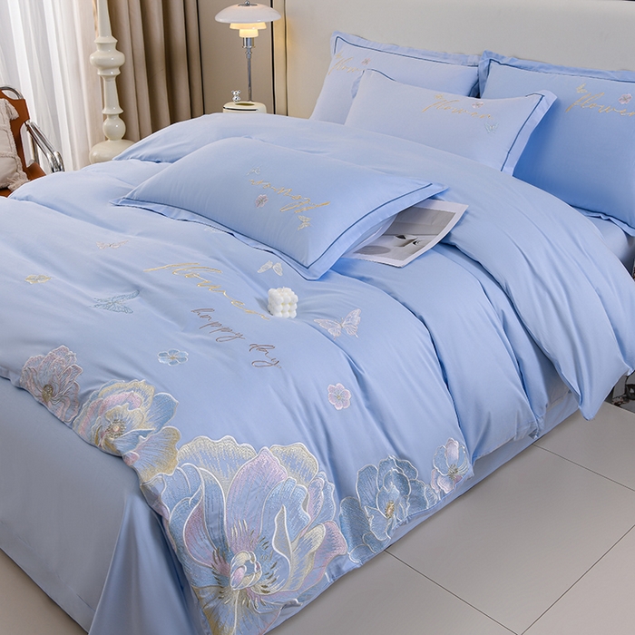 91家纺网 家纺一手货源 找家纺 登登家纺 2025新款A类长绒棉刺绣四件套-华尔兹 华尔兹-蓝