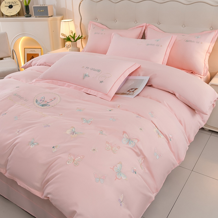 91家纺网 家纺一手货源 找家纺 登登家纺 2025新款A类长绒棉刺绣四件套-风铃 风铃-粉