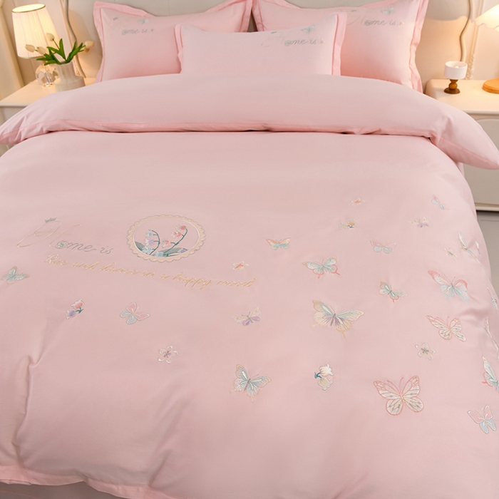 91家纺网 家纺一手货源 找家纺 登登家纺 2025新款A类长绒棉刺绣四件套-风铃 风铃-粉