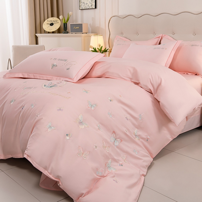 91家纺网 家纺一手货源 找家纺 登登家纺 2025新款A类长绒棉刺绣四件套-风铃 风铃-粉