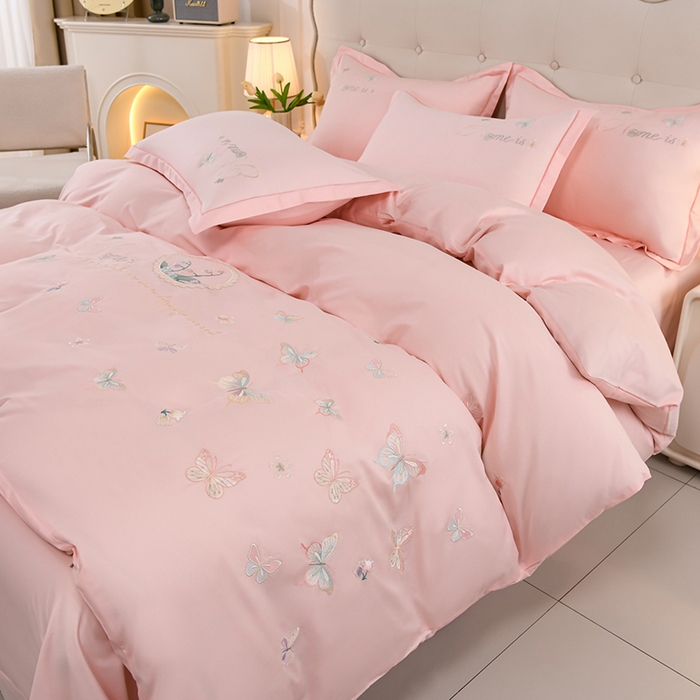 91家纺网 家纺一手货源 找家纺 登登家纺 2025新款A类长绒棉刺绣四件套-风铃 风铃-粉