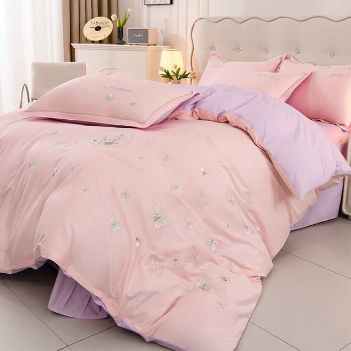 91家纺网 家纺一手货源 找家纺 登登家纺 2025新款A类长绒棉刺绣四件套-风铃 风铃-粉紫