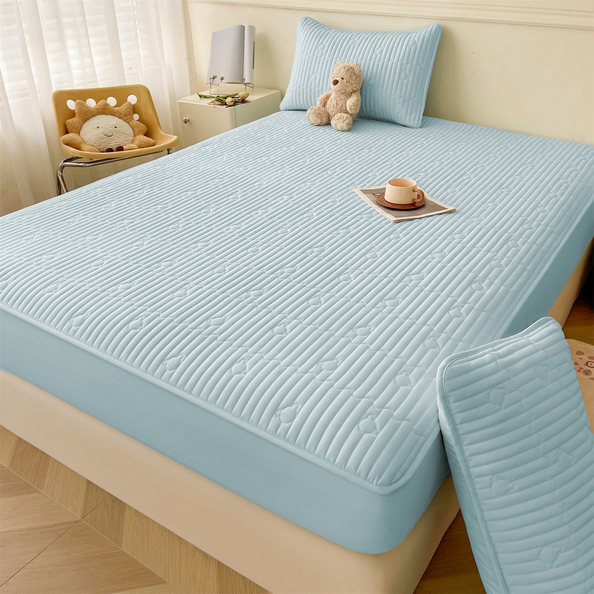 91家纺网 家纺一手货源 找家纺 雯豆家纺 2025新款洛川A类防水夹棉床笠三件套水洗棉磨毛床单保护套 洛川-淡水蓝