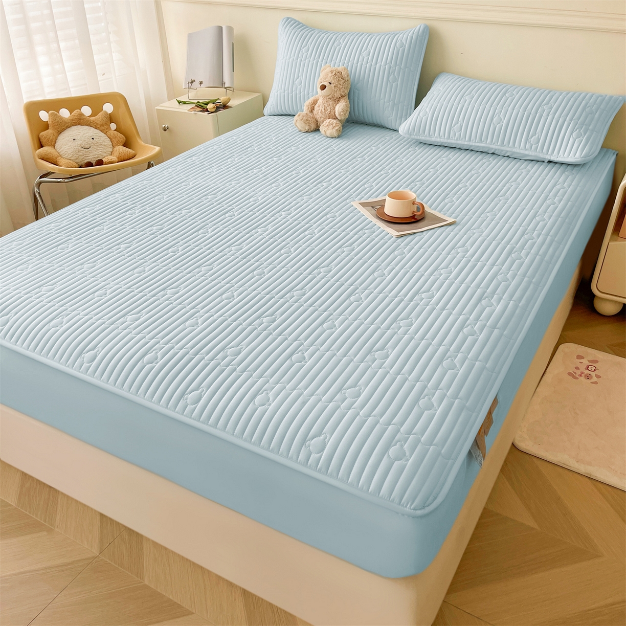 91家纺网 家纺一手货源 找家纺 雯豆家纺 2025新款洛川A类防水夹棉床笠三件套水洗棉磨毛床单保护套 洛川-淡水蓝