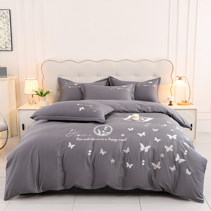 登登家纺 2025新款A类长绒棉刺绣四件套-风铃 风铃-灰