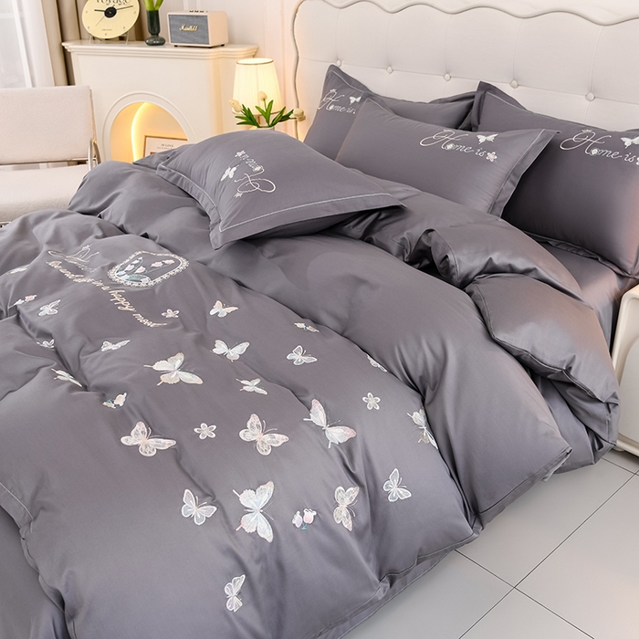 91家纺网 家纺一手货源 找家纺 登登家纺 2025新款A类长绒棉刺绣四件套-风铃 风铃-灰