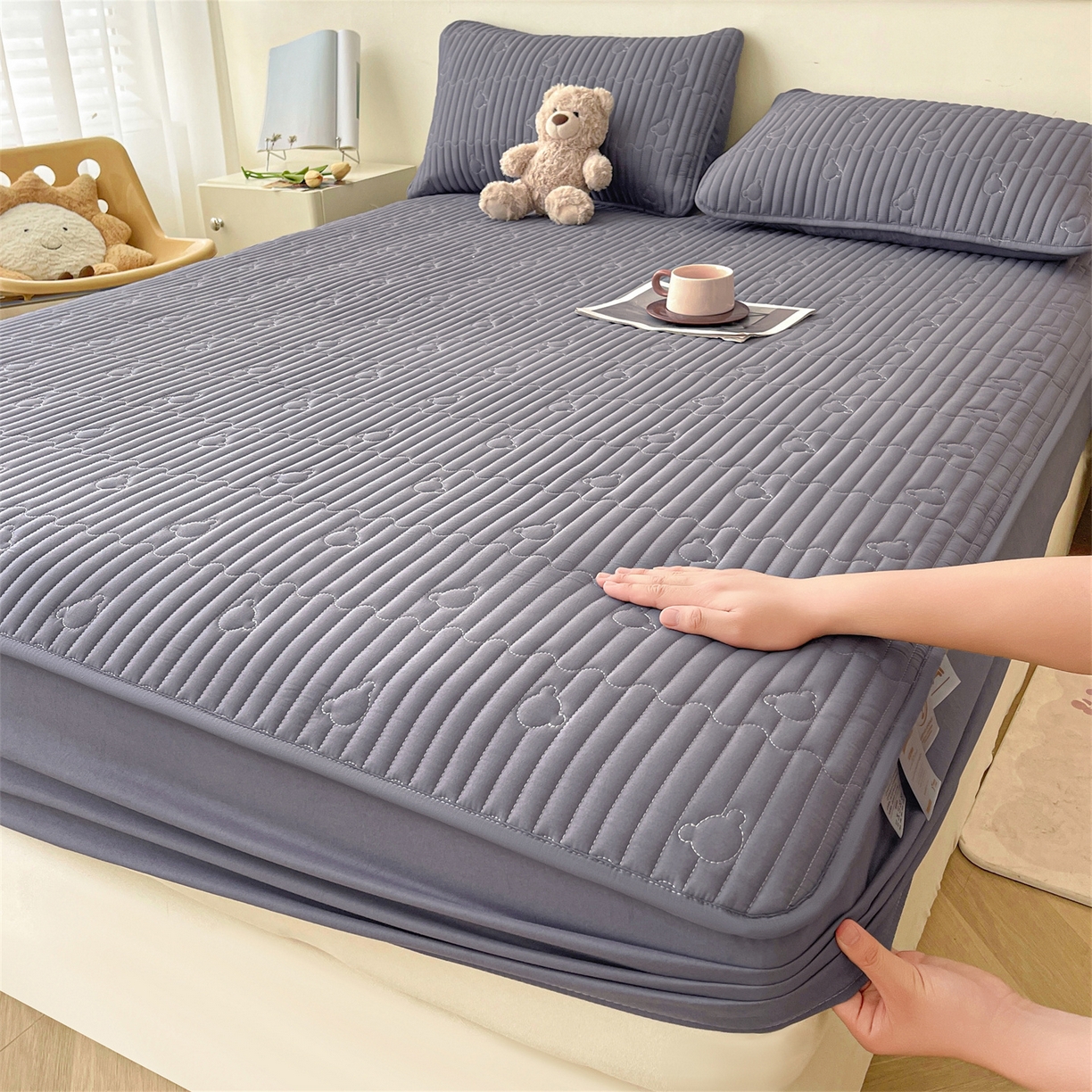 雯豆家纺 2025新款洛川A类夹棉床笠三件套水洗棉磨毛纯色床护垫床单保护套 洛川-深空灰