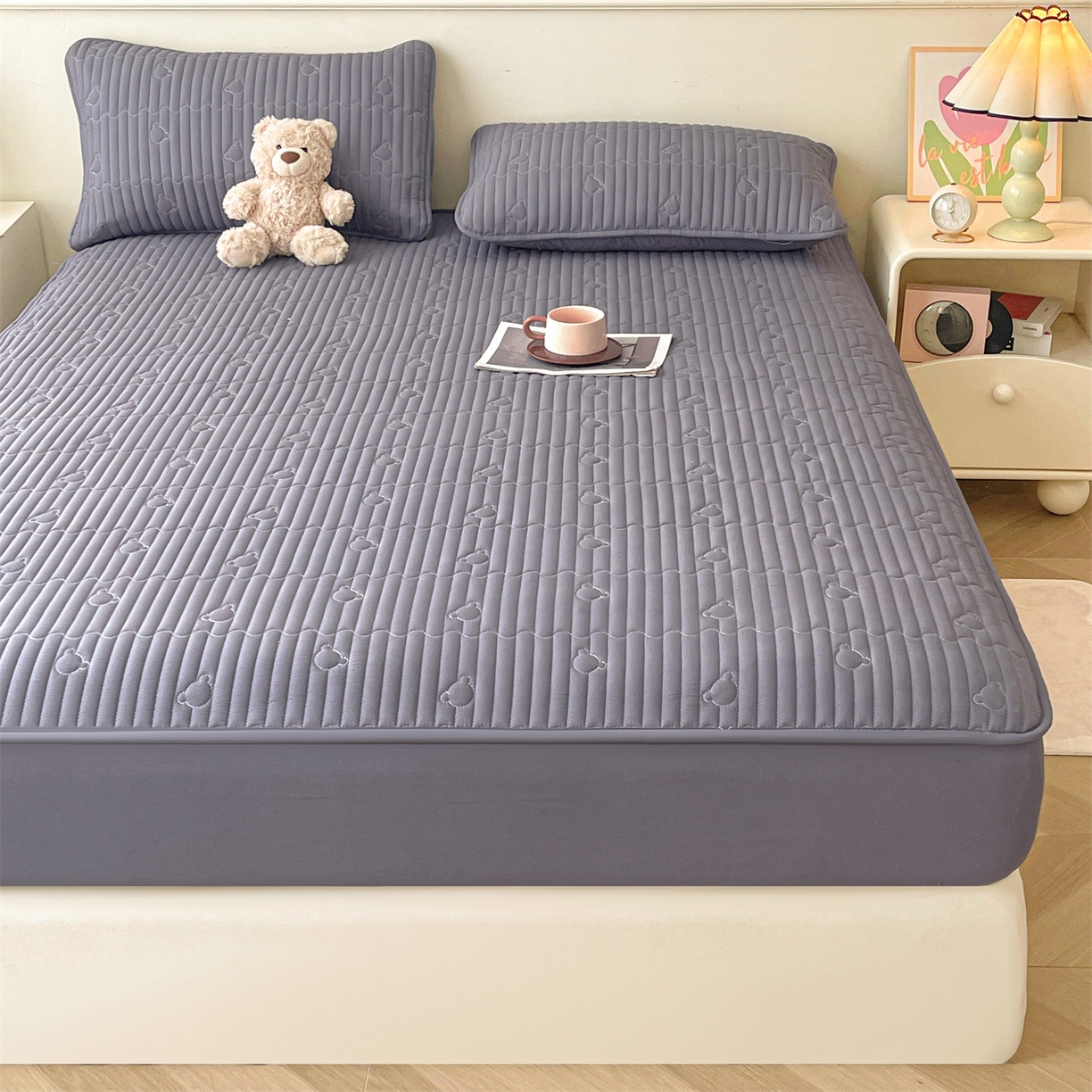 91家纺网 家纺一手货源 找家纺 雯豆家纺 2025新款洛川A类夹棉床笠三件套水洗棉磨毛纯色床护垫床单保护套 洛川-深空灰