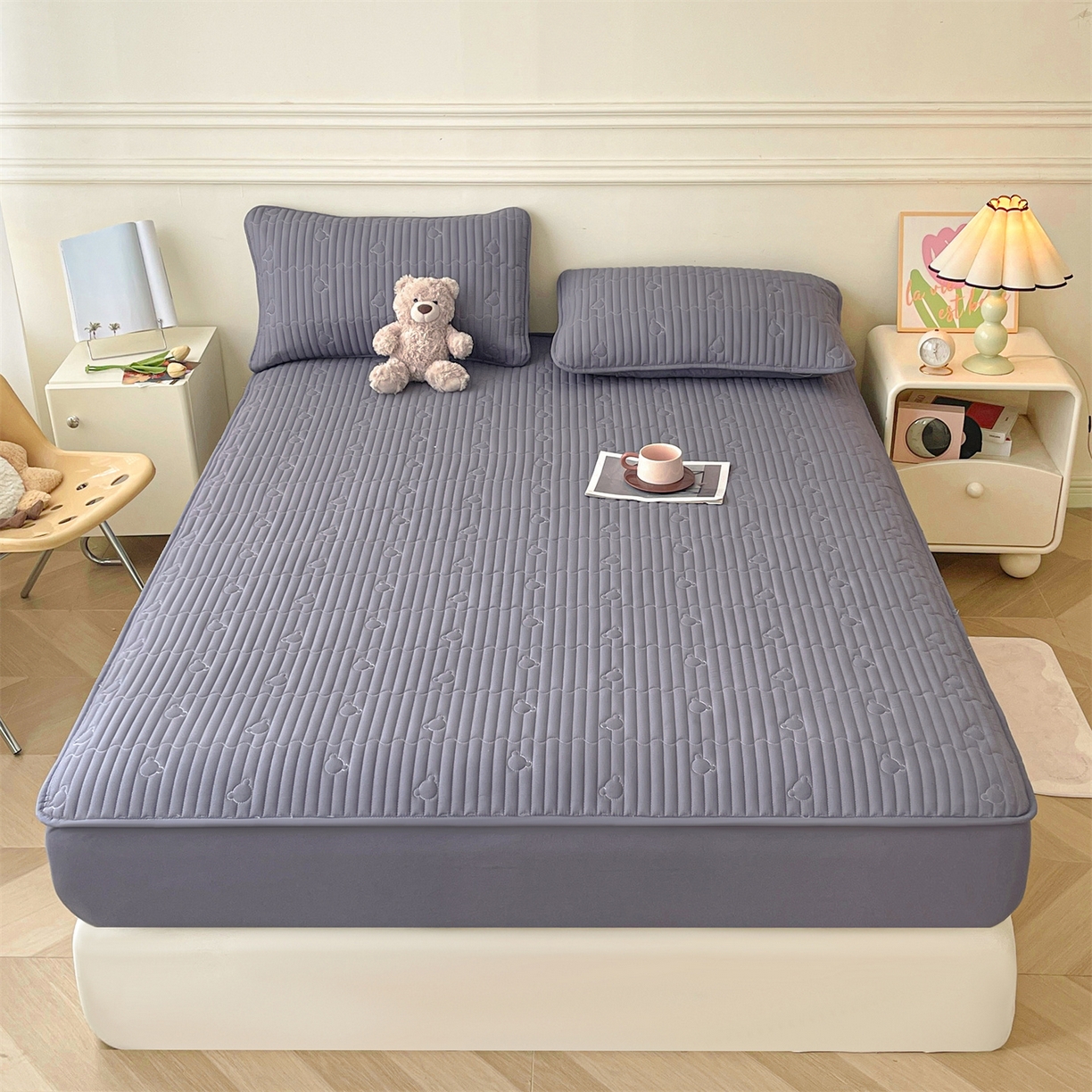 91家纺网 家纺一手货源 找家纺 雯豆家纺 2025新款洛川A类夹棉床笠三件套水洗棉磨毛纯色床护垫床单保护套 洛川-深空灰