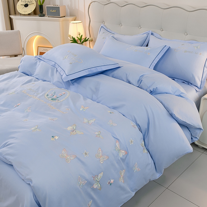 91家纺网 家纺一手货源 找家纺 登登家纺 2025新款A类长绒棉刺绣四件套-风铃 风铃-蓝