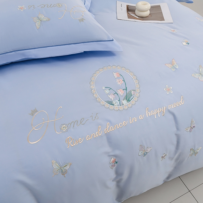 91家纺网 家纺一手货源 找家纺 登登家纺 2025新款A类长绒棉刺绣四件套-风铃 风铃-蓝