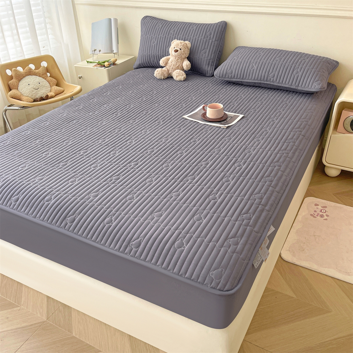 91家纺网 家纺一手货源 找家纺 雯豆家纺 2025新款洛川A类夹棉床笠三件套水洗棉磨毛纯色床护垫床单保护套 洛川-深空灰