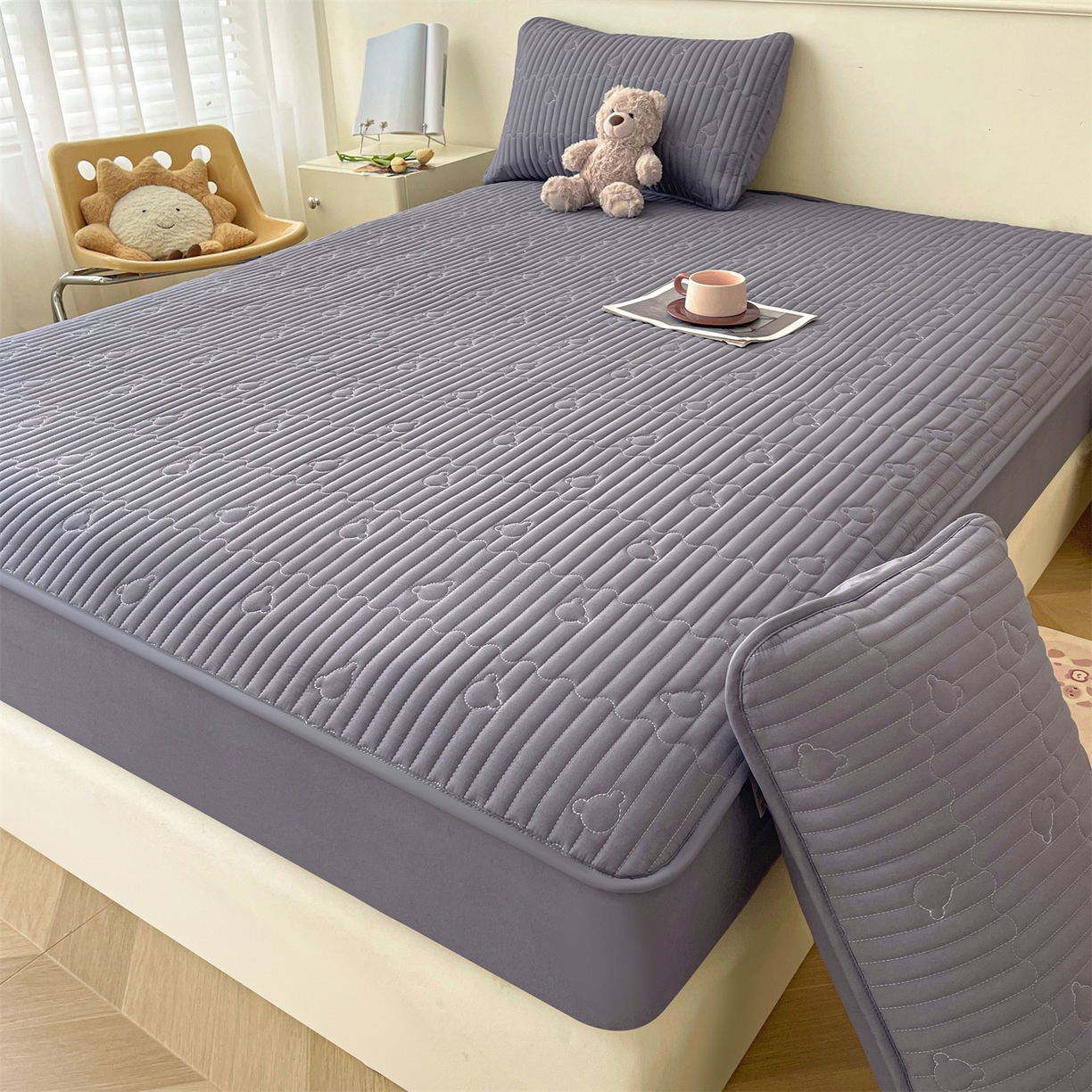 91家纺网 家纺一手货源 找家纺 雯豆家纺 2025新款洛川A类夹棉床笠三件套水洗棉磨毛纯色床护垫床单保护套 洛川-深空灰