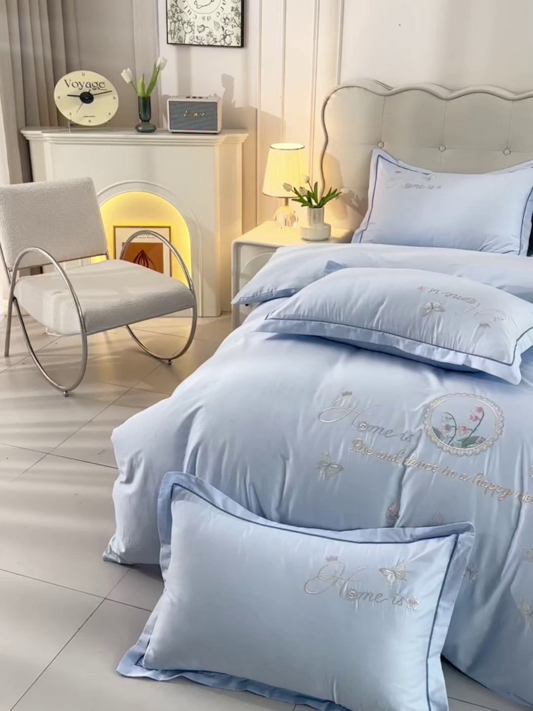 91家纺网 家纺一手货源 找家纺 登登家纺 2025新款A类长绒棉刺绣四件套-风铃 风铃-蓝