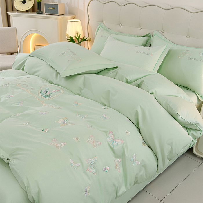 91家纺网 家纺一手货源 找家纺 登登家纺 2025新款A类长绒棉刺绣四件套-风铃 风铃-青