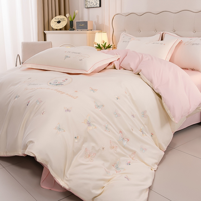 91家纺网 家纺一手货源 找家纺 登登家纺 2025新款A类长绒棉刺绣四件套-风铃 风铃-青白