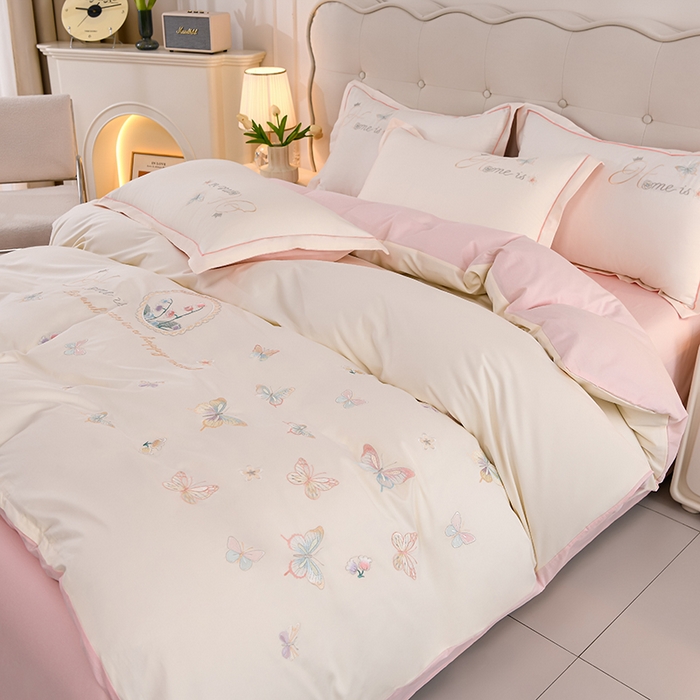 91家纺网 家纺一手货源 找家纺 登登家纺 2025新款A类长绒棉刺绣四件套-风铃 风铃-青白