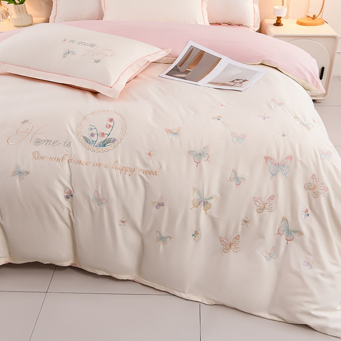 91家纺网 家纺一手货源 找家纺 登登家纺 2025新款A类长绒棉刺绣四件套-风铃 风铃-青白